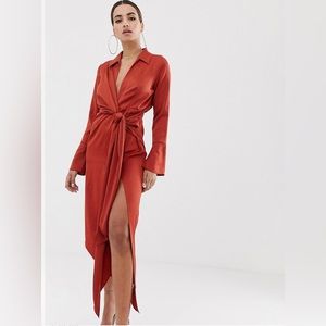 ASOS DESIGN midi satin shirt dress with tie waist